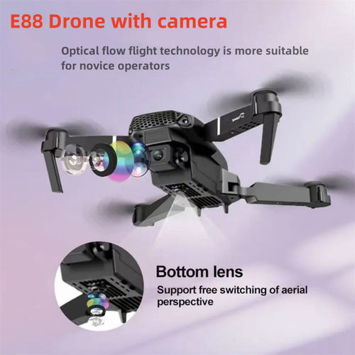 Drone Caméra Pliable E88 – Décollage Automatique, Transmission en Temps Réel, Portable