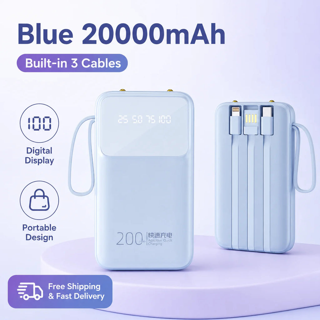 Batterie externe avec trois câbles intégrés et affichage numérique