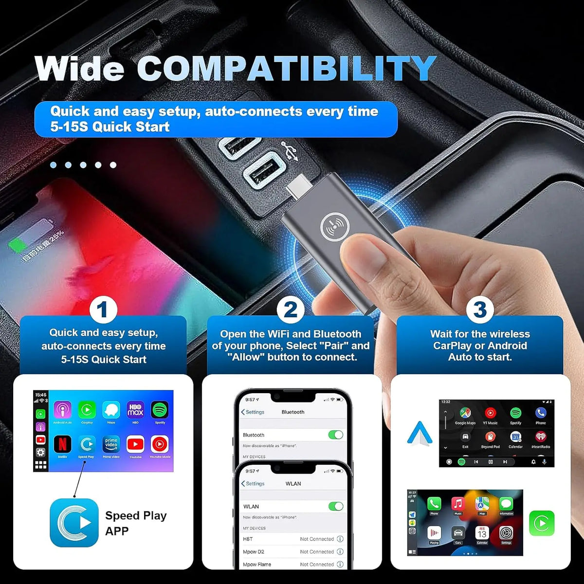 Mini adaptateur auto 2-en-1 – CarPlay et Android Auto sans fil