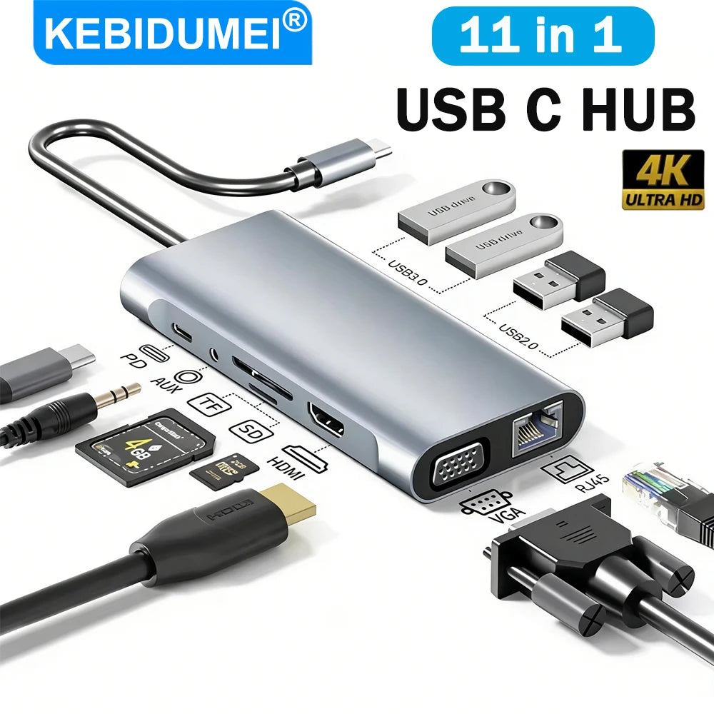 Kebidumei – Hub USB-C 11-en-1 avec HDMI, VGA et Ethernet