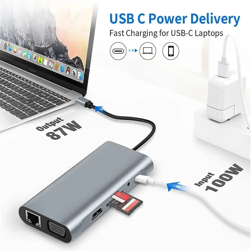 OULLX – Hub USB-C 11 ports avec HDMI, VGA et Ethernet 100 Mb/s