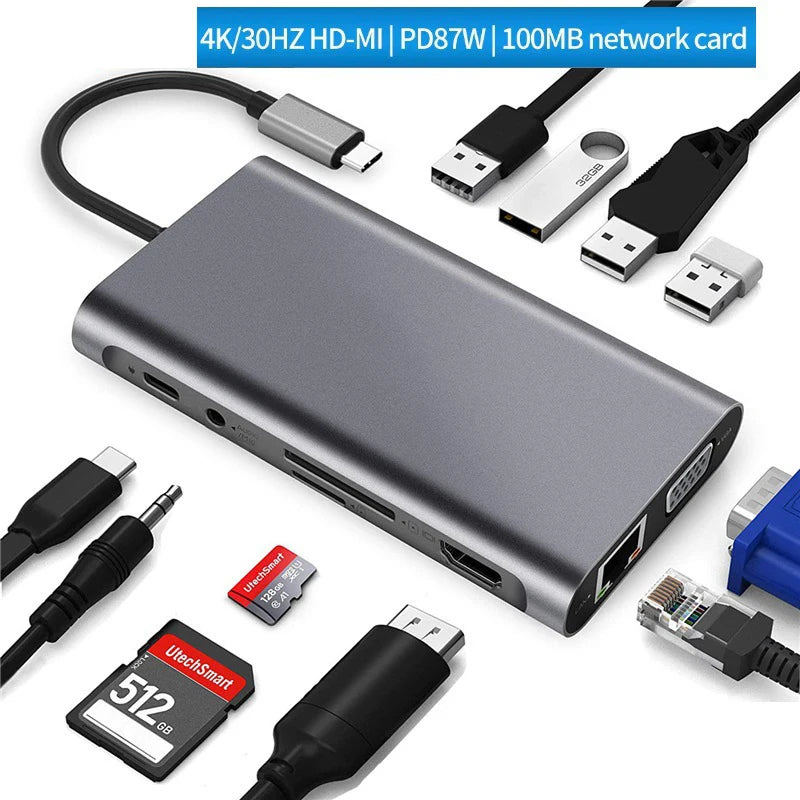 OULLX – Hub USB-C 11 ports avec HDMI, VGA et Ethernet 100 Mb/s
