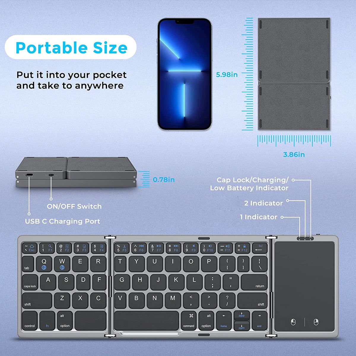 Kebidumei – Clavier Bluetooth pliable rechargeable, avec ou sans pavé tactile