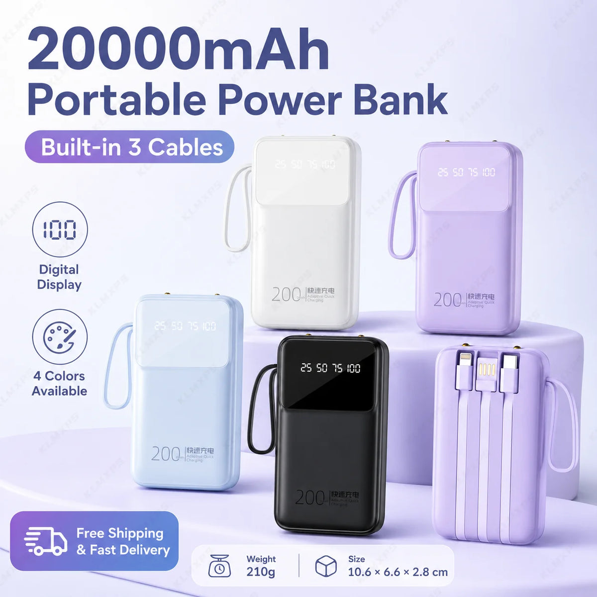 Batterie externe avec trois câbles intégrés et affichage numérique