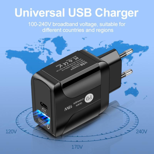 Chargeur Rapide QC 3.0 + PD 18W – Compatible iPhone & Android, Prises EU/UK/US, Blanc & Noir