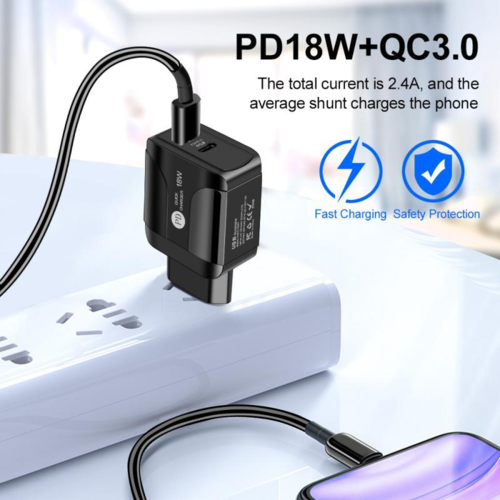 Chargeur Rapide QC 3.0 + PD 18W – Compatible iPhone & Android, Prises EU/UK/US, Blanc & Noir