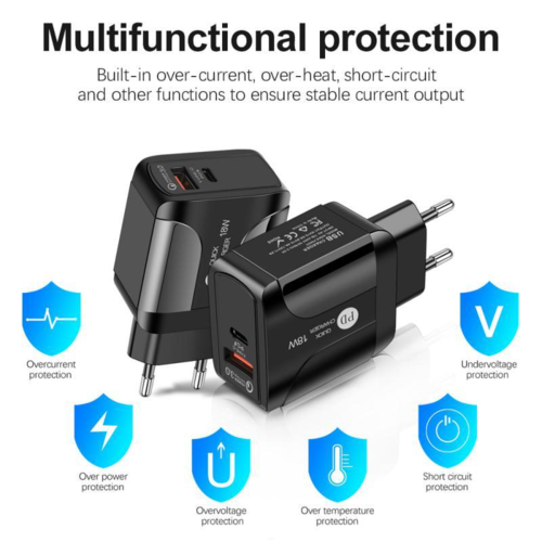 Chargeur Rapide QC 3.0 + PD 18W – Compatible iPhone & Android, Prises EU/UK/US, Blanc & Noir