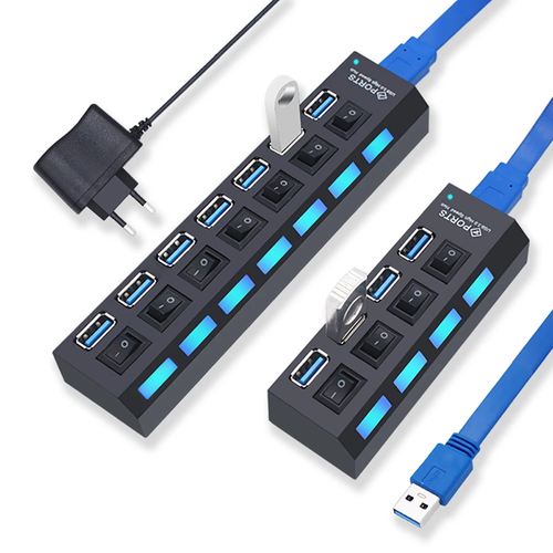 Hub USB 3.0 – 4 ou 7 Ports, Interrupteurs Individuels, Transfert 5Gbps, Prises EU/UK/US/AU