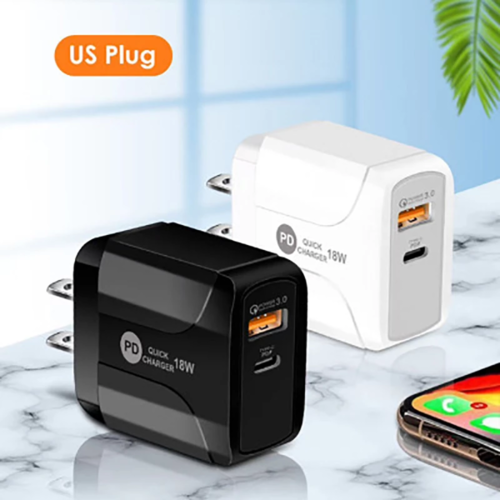 Chargeur Rapide QC 3.0 + PD 18W – Compatible iPhone & Android, Prises EU/UK/US, Blanc & Noir