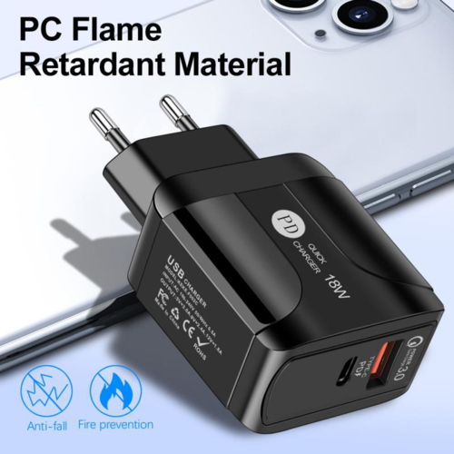 Chargeur Rapide QC 3.0 + PD 18W – Compatible iPhone & Android, Prises EU/UK/US, Blanc & Noir