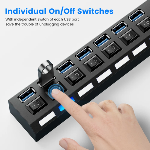 Hub USB 3.0 – 4 ou 7 Ports, Interrupteurs Individuels, Transfert 5Gbps, Prises EU/UK/US/AU