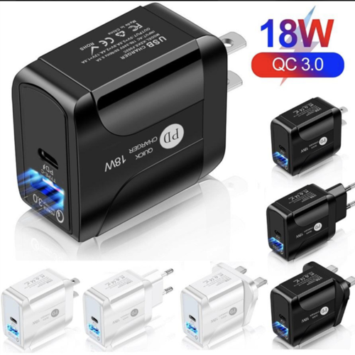 Chargeur Rapide QC 3.0 + PD 18W – Compatible iPhone & Android, Prises EU/UK/US, Blanc & Noir